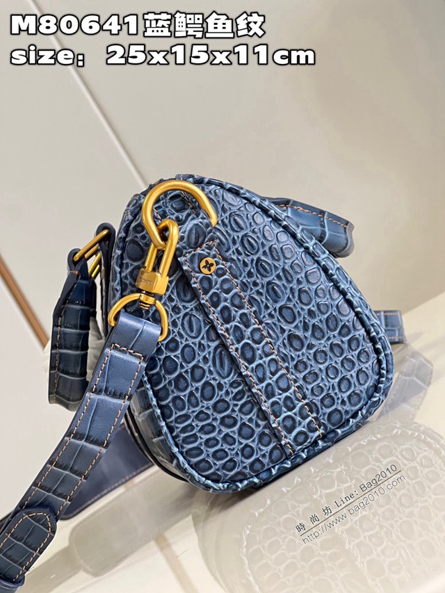 LV專櫃2023新款Keepall系列迷你版手提包 M80641藍鱷魚紋 路易威登男士手袋 dn1449